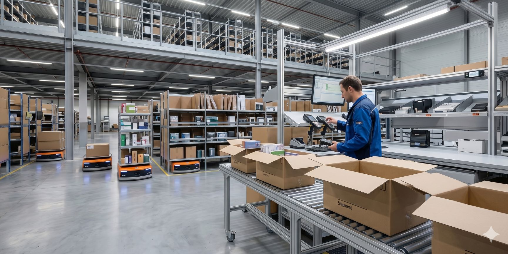 Eine ergonomische Packstation in einer Kontraktlogistik-Halle, wo Versandkartons mit Füllmaterial gesichert und für den schnellen Warenausgang versiegelt werden.